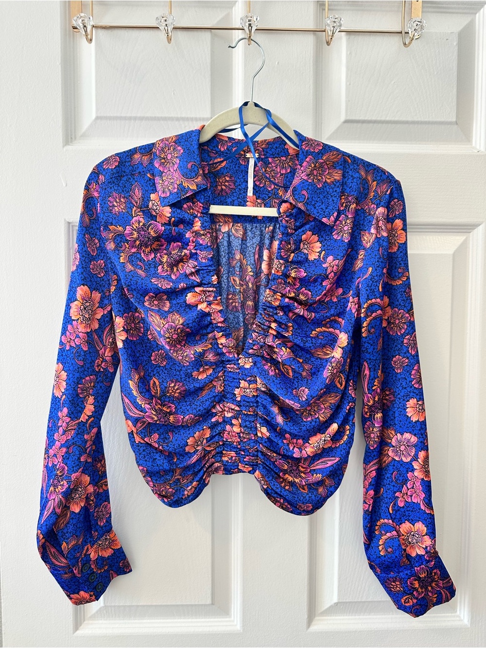 Free People Blue Floral Ruched Long Sleeve Blouse Size XS